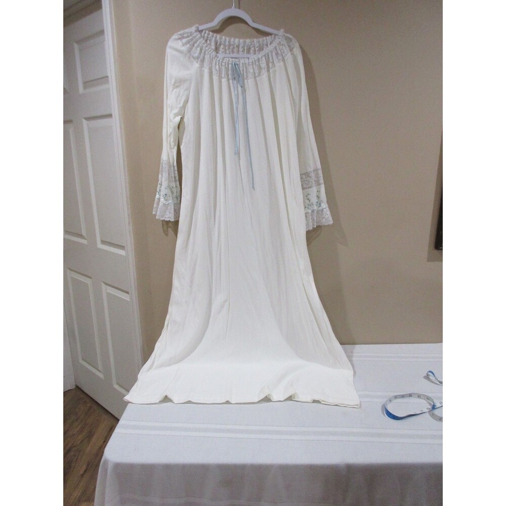 Vtg. Sears Boho Nightgown Women Lg White/Blue Embroidered Sleeve Lace